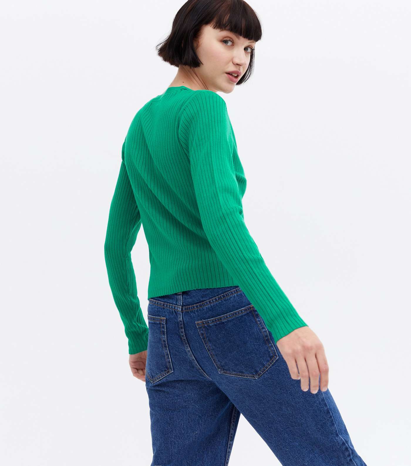 Green Ribbed Knit Button Cardigan Image 4