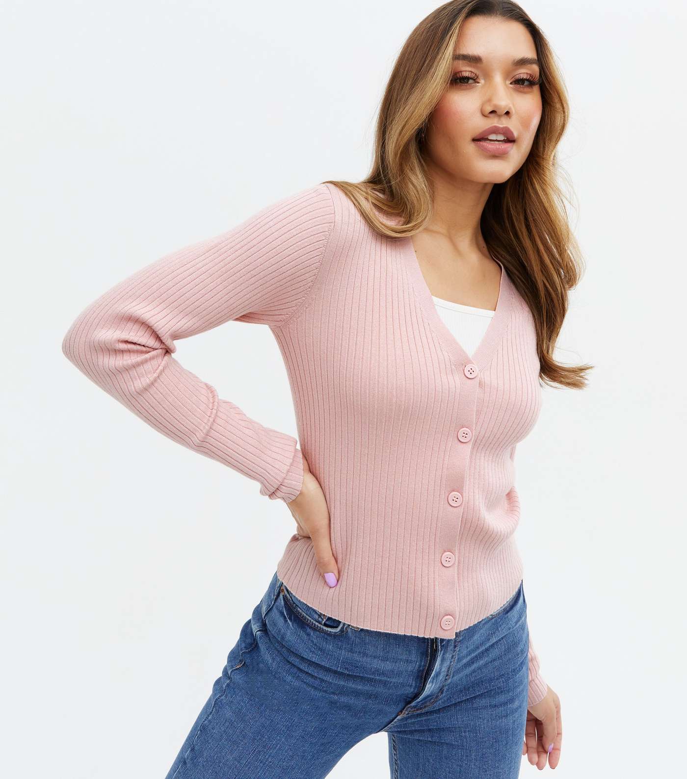 Pale Pink Ribbed Knit Button Cardigan Image 3