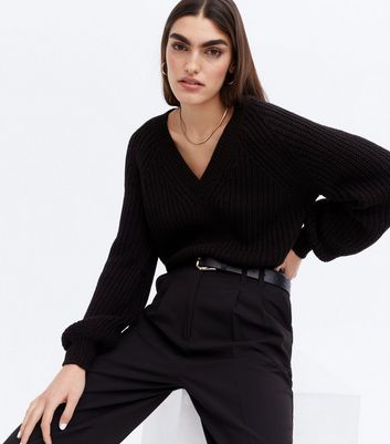 Black V Neck Puff Sleeve Jumper New Look