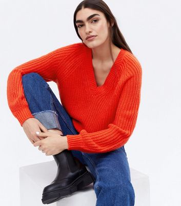 Bright Orange V Neck Puff Sleeve Jumper New Look