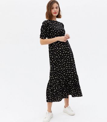 Damen Bekleidung Maternity Black Ditsy Floral Ruched Sleeve Tiered Midi Dress