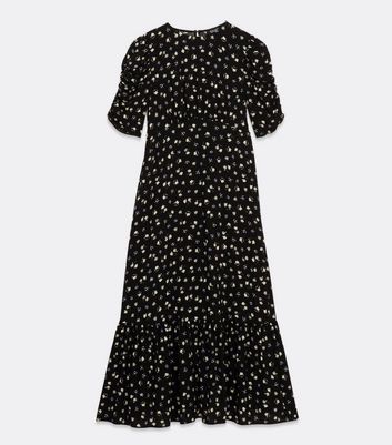 Damen Bekleidung Maternity Black Ditsy Floral Ruched Sleeve Tiered Midi Dress