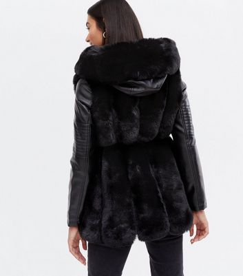 blue vanilla black faux fur belted puffer jacket