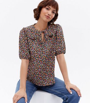 Click to view product details and reviews for Black Ditsy Floral Tie Collared Blouse New Look.