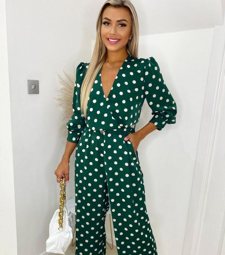 Ax Paris Dark Green Spot Wrap Wide Leg Jumpsuit New Look