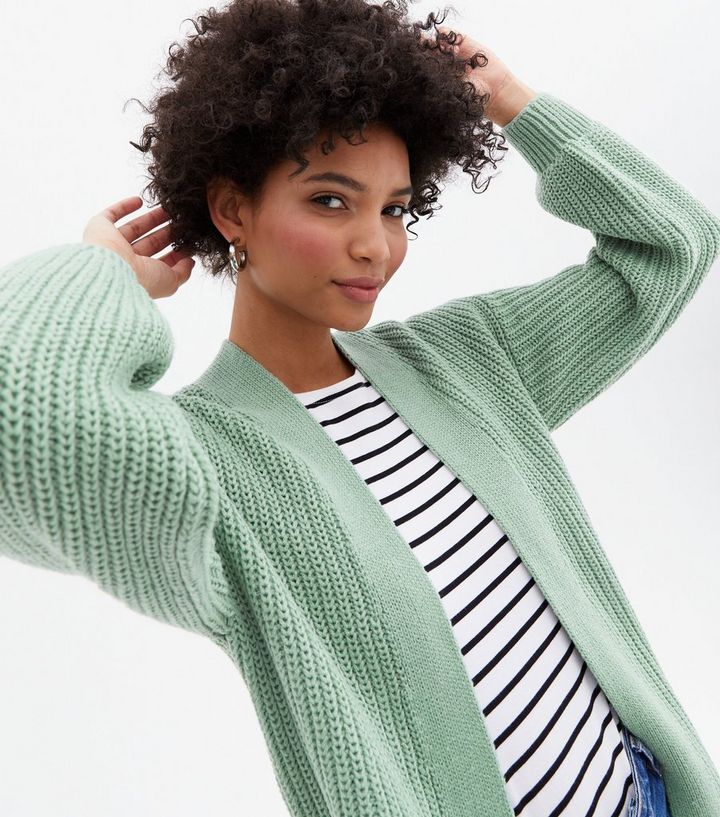 New Look Balloon Sleeve Knitted Cardigan In Light Green