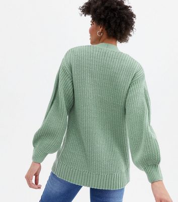 Light Green Knit Puff Sleeve Cardigan New Look