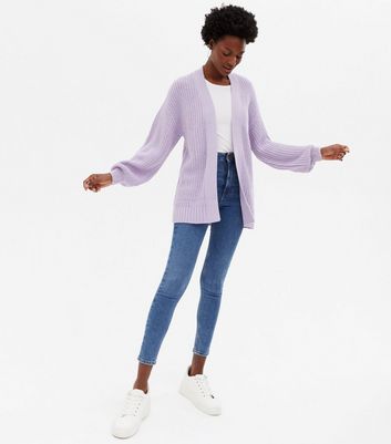 Lilac Knit Puff Sleeve Cardigan New Look