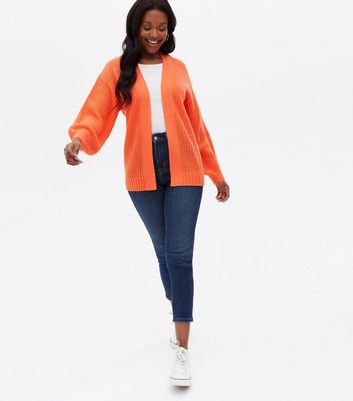 Bright Orange Knit Puff Sleeve Cardigan New Look