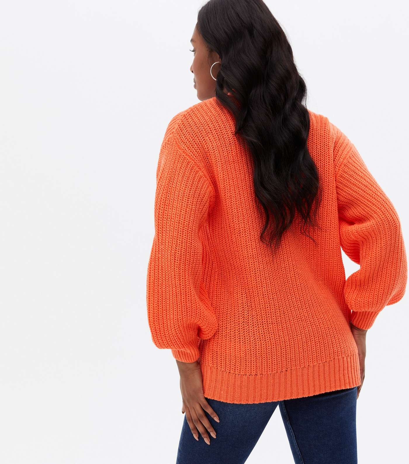 Bright Orange Knit Puff Sleeve Cardigan Image 4