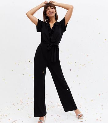 black wrap wide leg jumpsuit