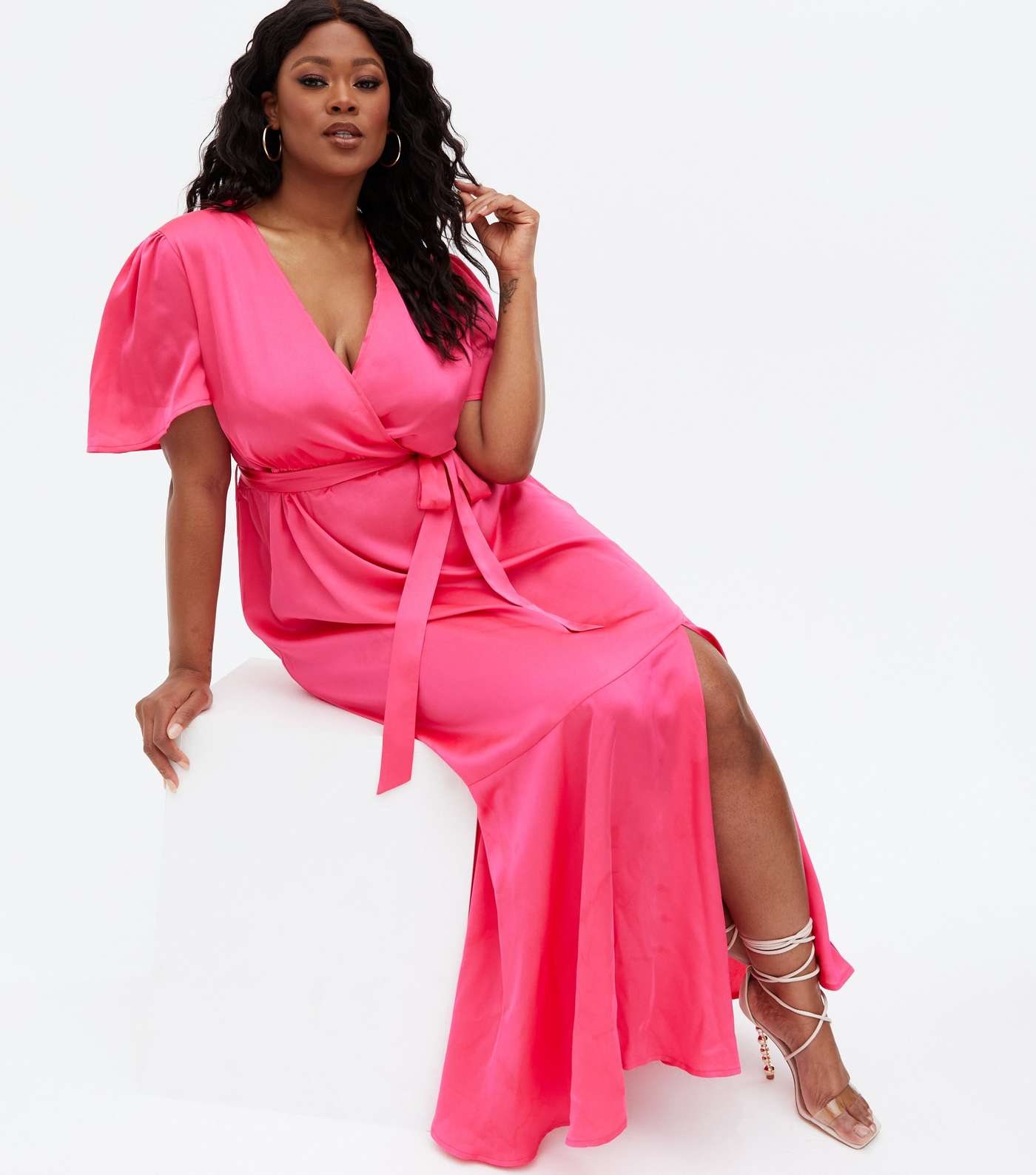 Curves Bright Pink Satin Asymmetric Belted Midi Wrap Dress Image 3