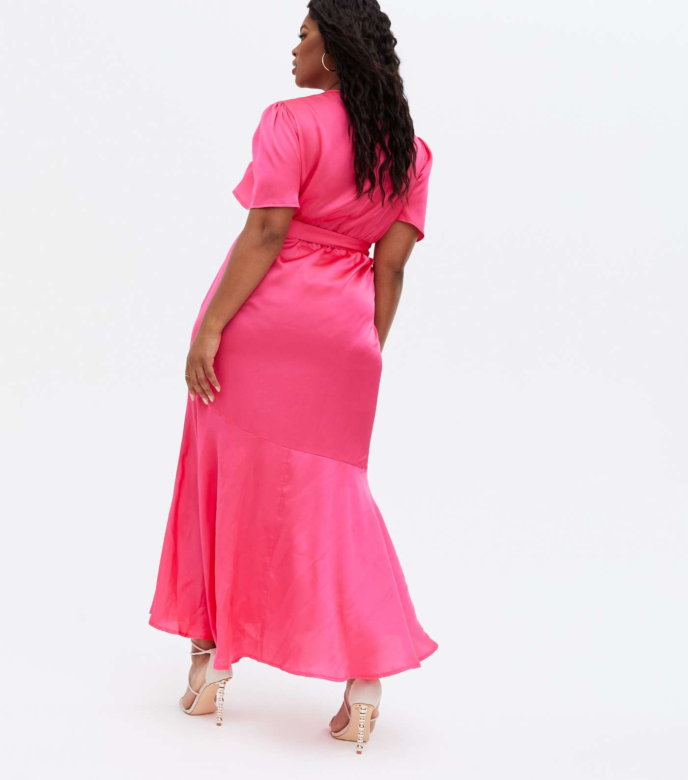 Curves Bright Pink Satin Asymmetric Belted Midi Wrap Dress Image 5