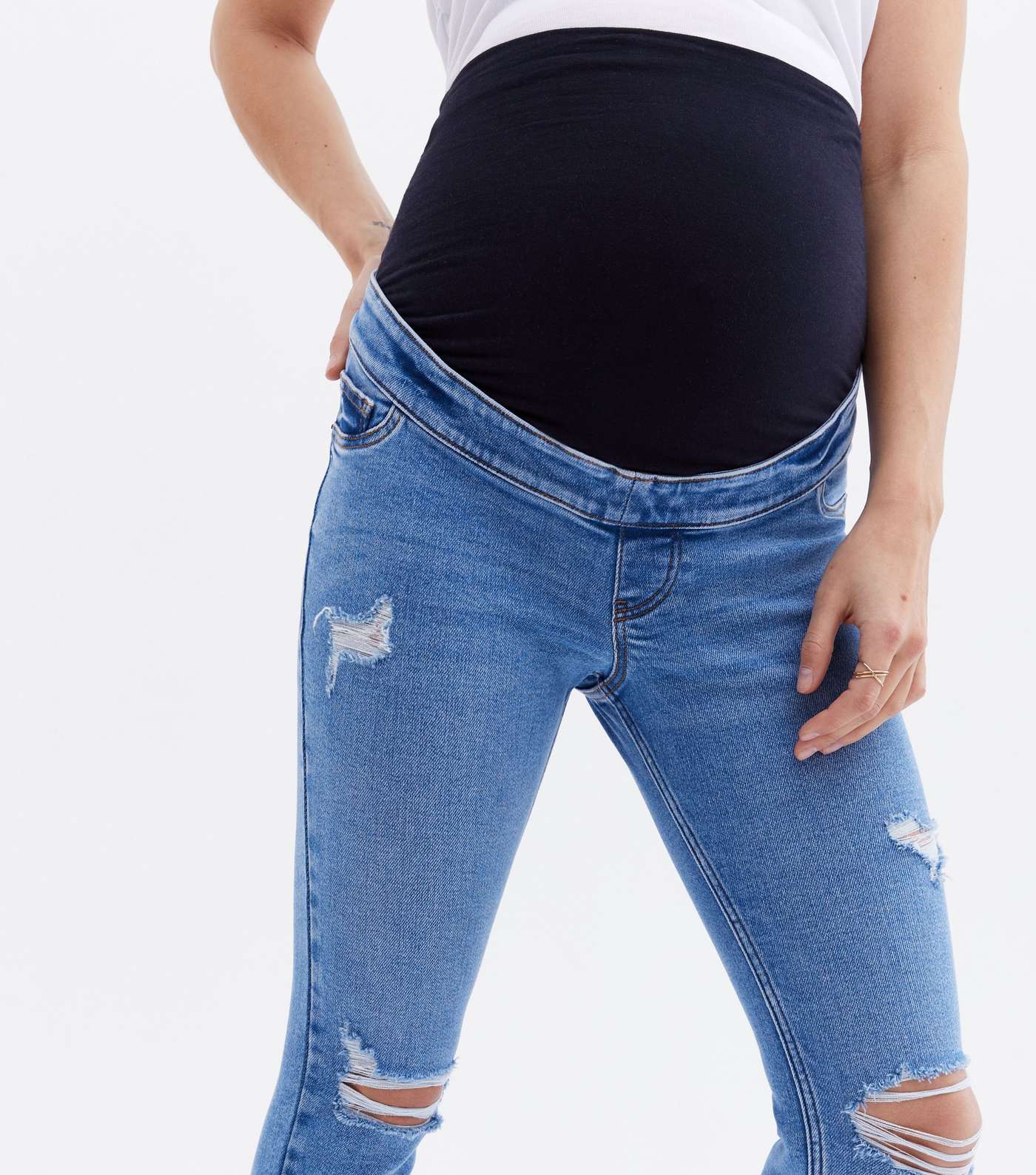 Petite Maternity Blue Lift & Shape Ripped Over Bump Emilee Jeggings Image 3