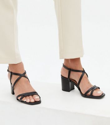 Wide Fit Black Faux Snake Strappy Block 