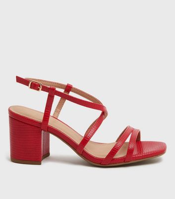 Wide Fit Red Faux Snake Strappy Block Heel Sandals New Look Vegan