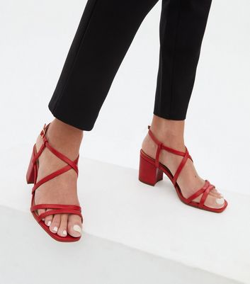 Wide Fit Red Faux Snake Strappy Block Heel Sandals New Look