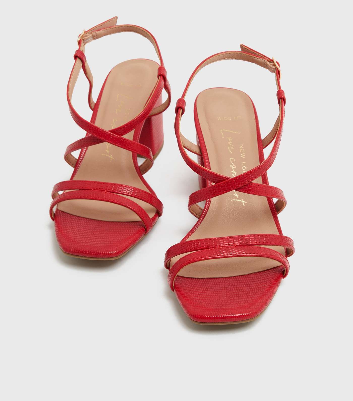 Wide Fit Red Faux Snake Strappy Block Heel Sandals Image 3