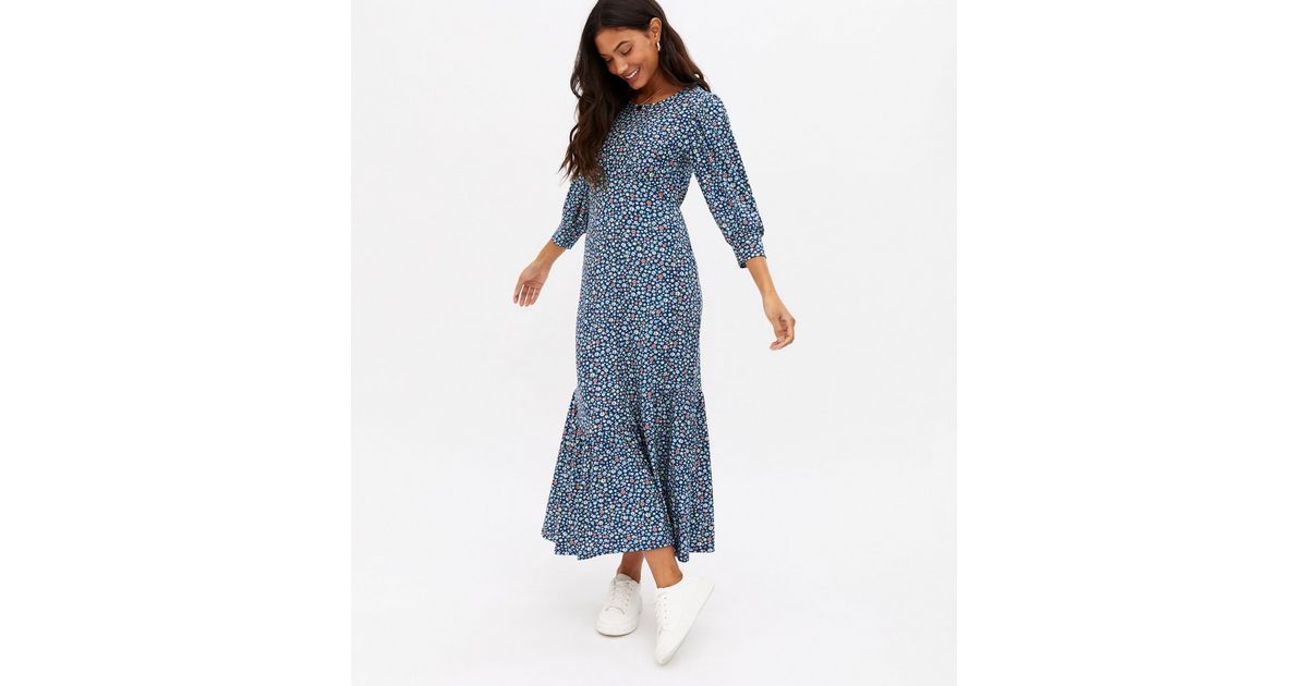 Blue Vanilla Navy Floral 3/4 Sleeve Tiered Midi Dress | New Look