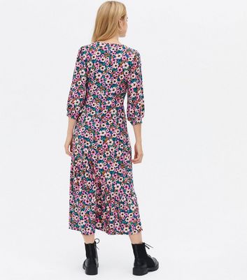 Blue Vanilla Pink Floral Ruched Midi 