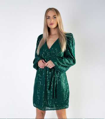 Gini London Dark Green Sequin V Neck Belted Mini Wrap Dress