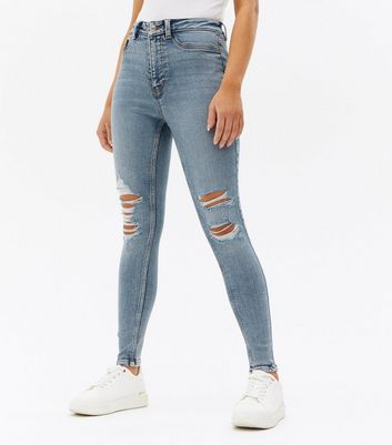 Click to view product details and reviews for Petite Blue Ripped Knee High Waist Hallie Super Skinny Jeans New Look.