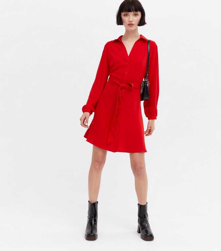 Red Revere Collar Mini Shirt Dress