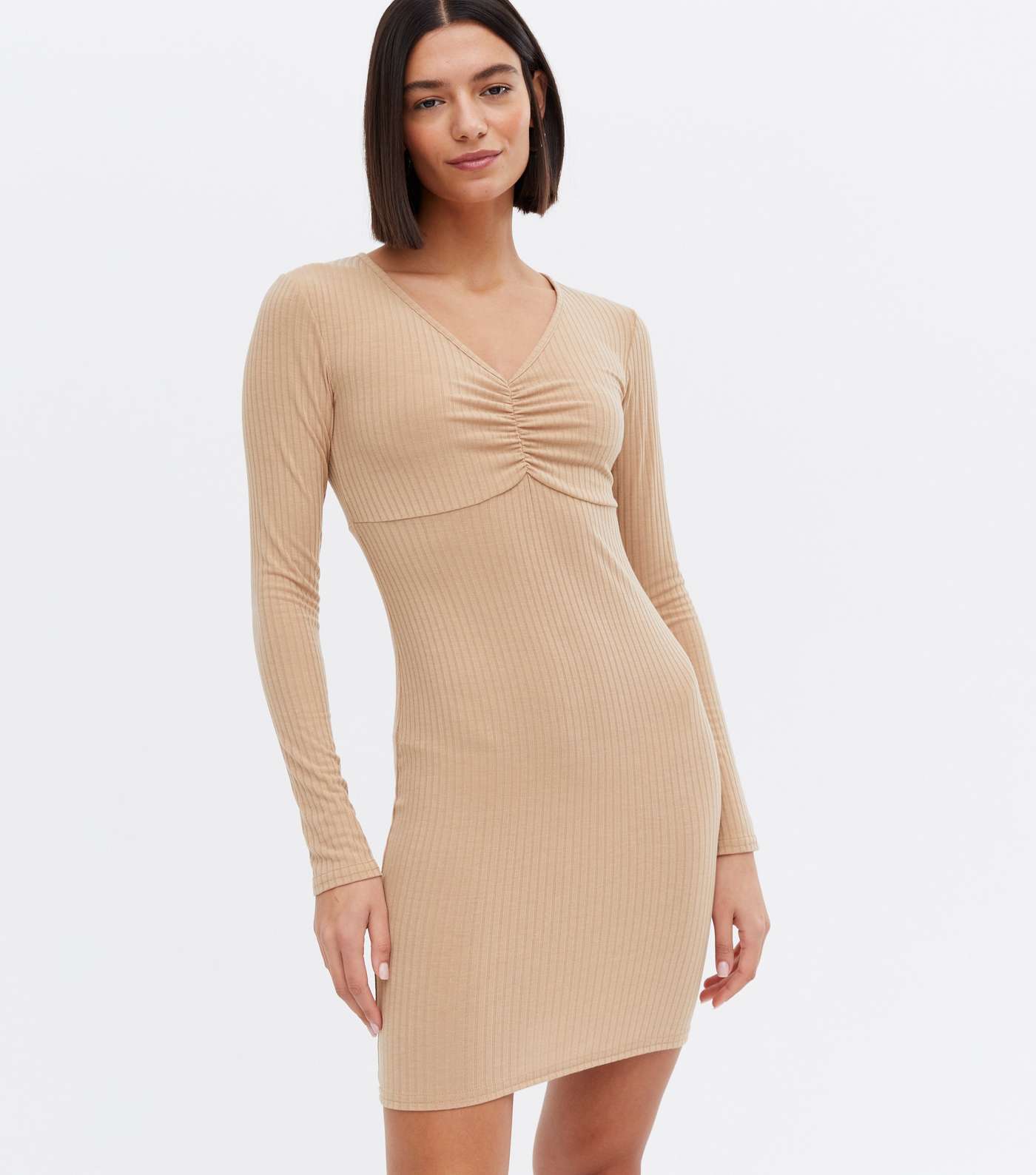 Camel Jersey Ruched Bustier Mini Bodycon Dress