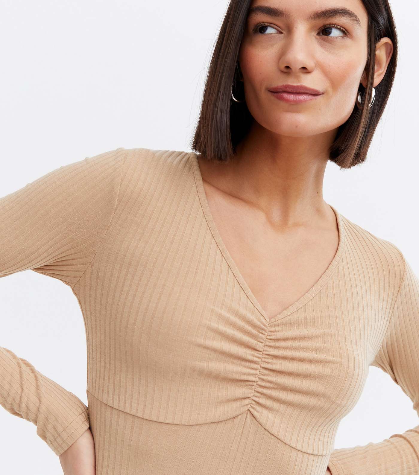 Camel Jersey Ruched Bustier Mini Bodycon Dress Image 3