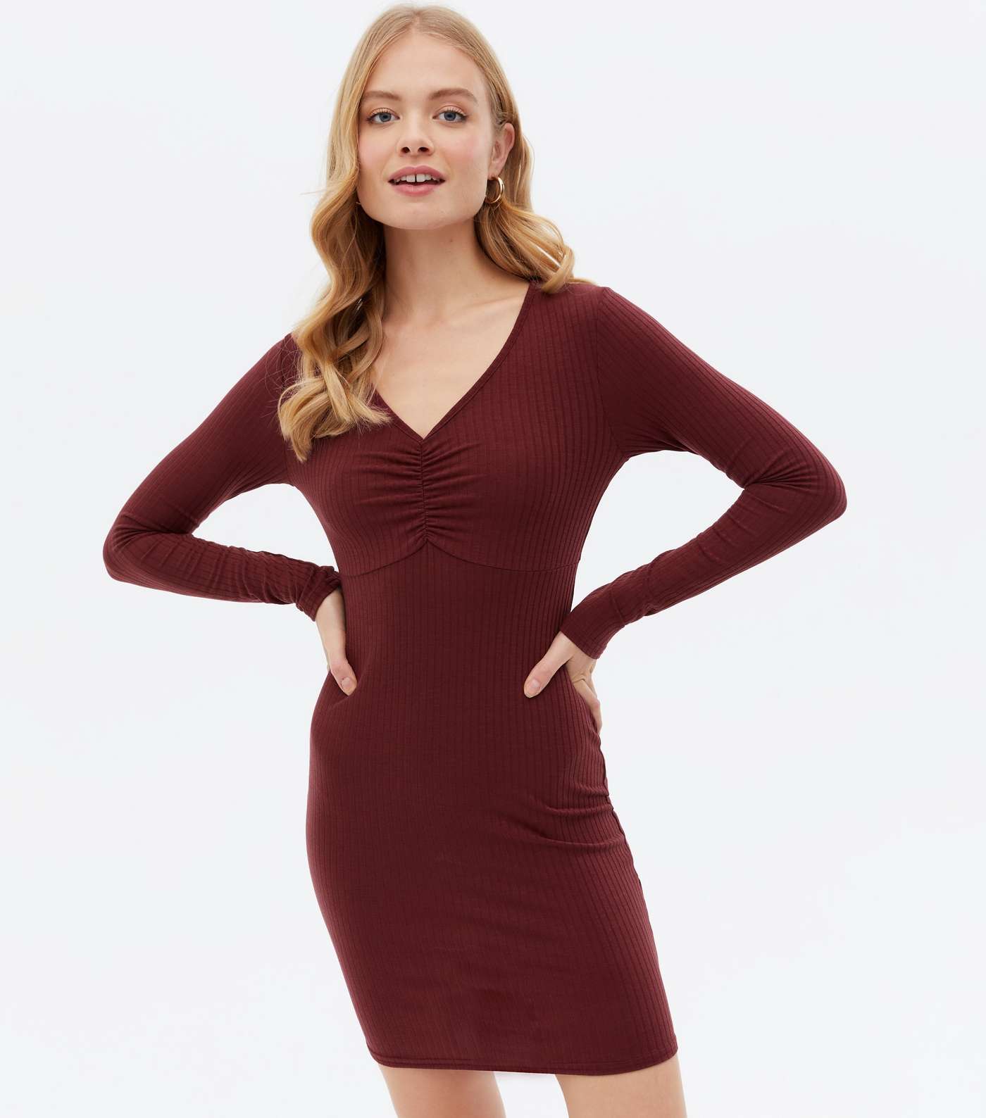 Burgundy Jersey Ruched Bustier Mini Bodycon Dress