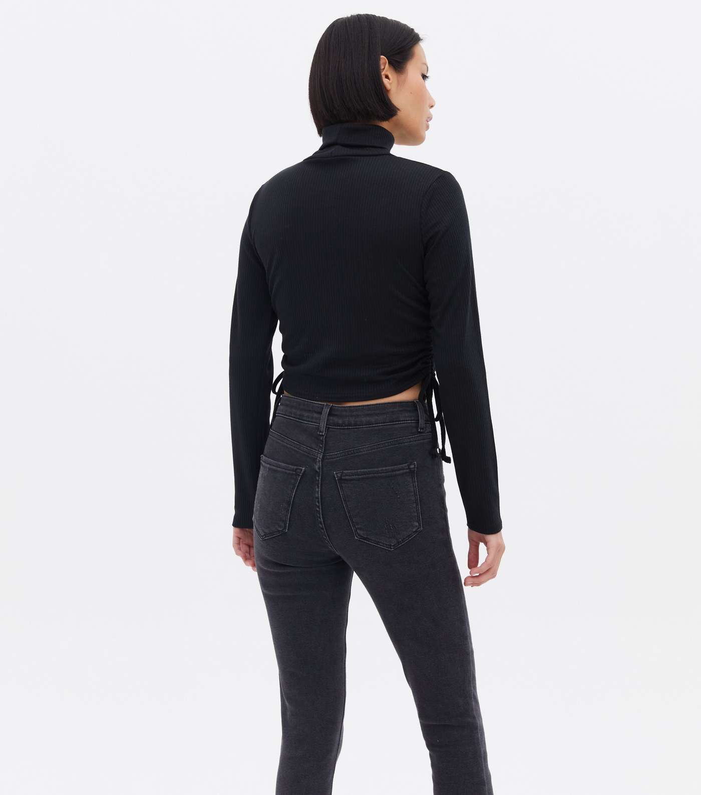 Pink Vanilla Black Ribbed Roll Neck Ruched Crop Top Image 4