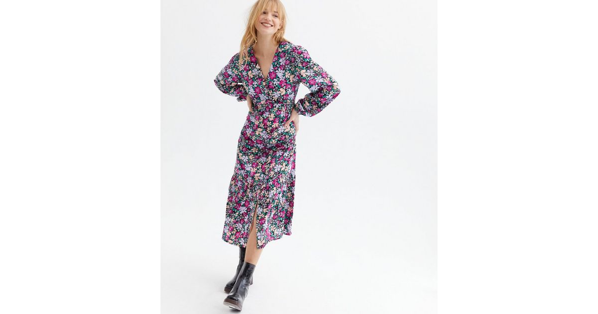 Purple Floral Button Front Tiered Midi Dress | New Look
