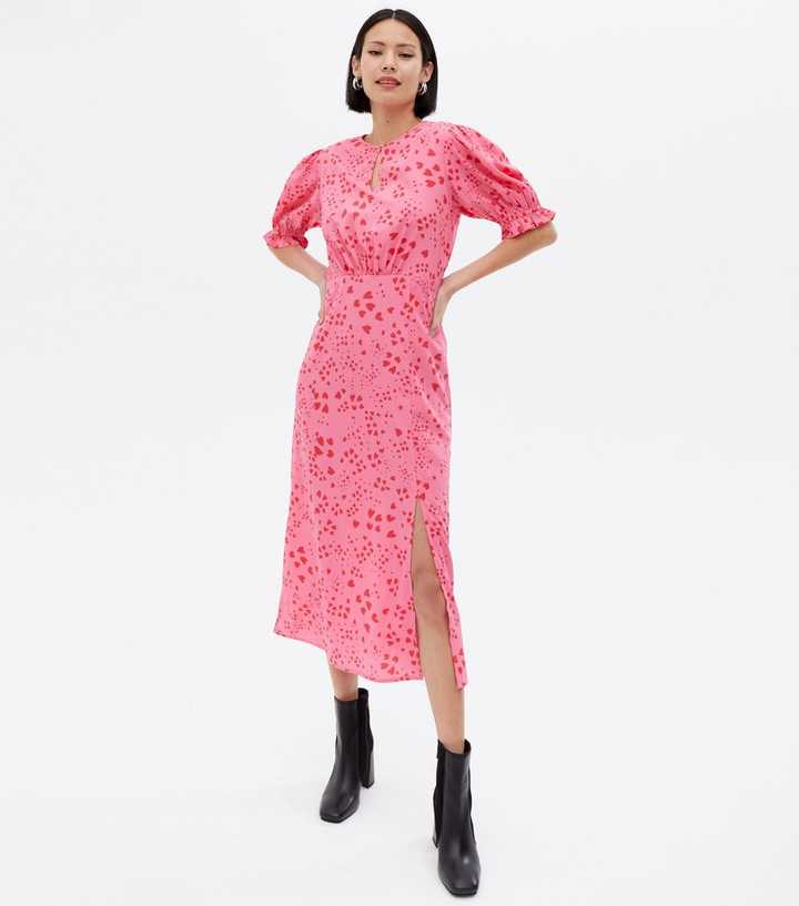 Pink Heart Keyhole Ruched Midi Dress