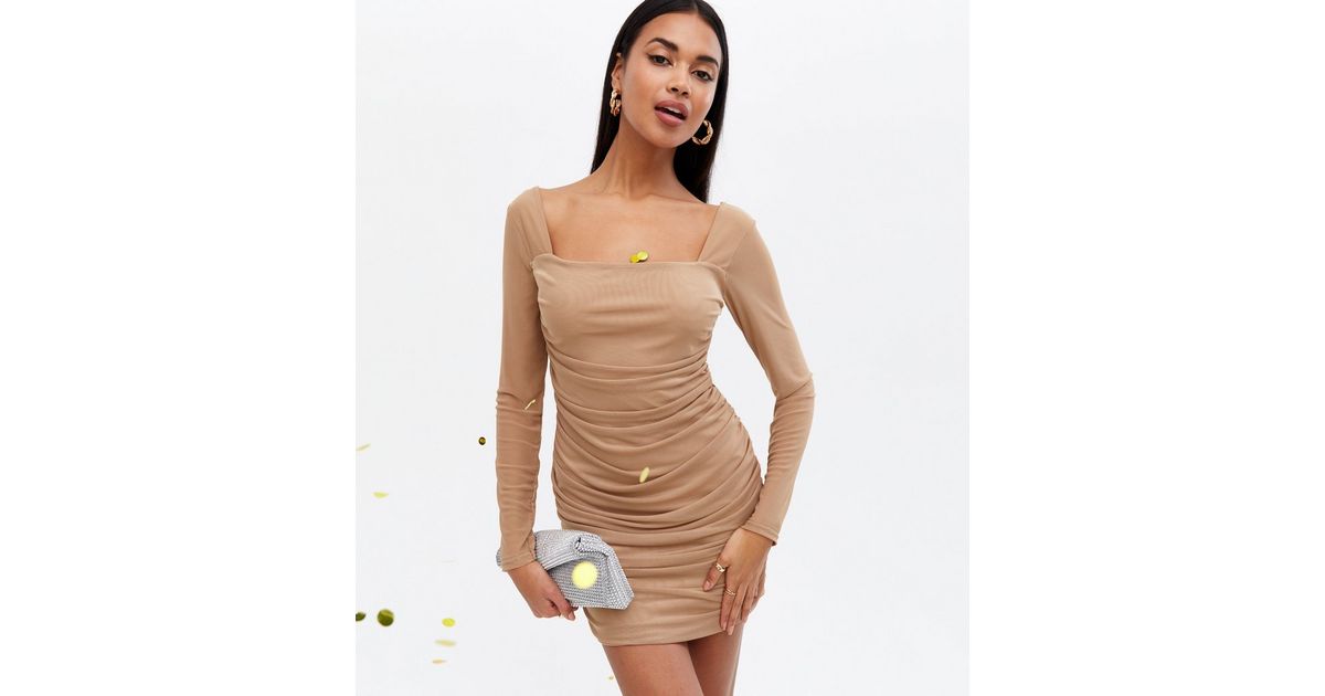 Pink Vanilla Camel Mesh Ruched Mini Bodycon Dress | New Look