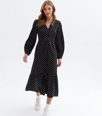 Click to view product details and reviews for Black Spot V Neck Button Front Tiered Midi Dress New Look.