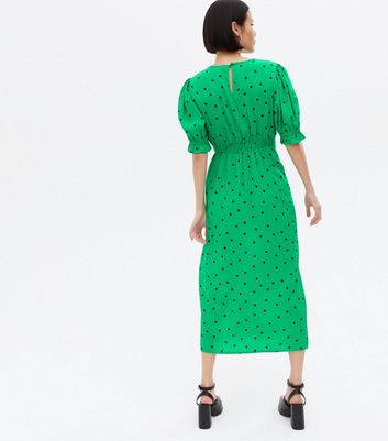 Green Spot Keyhole Ruched Midi Dress New Look