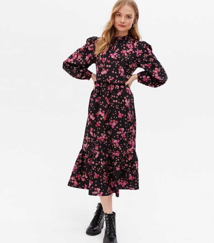 Black Floral Tie Neck Tiered Midi Smock Dress