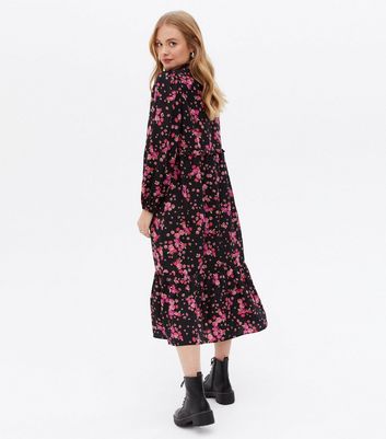 Black Floral Tie Neck Tiered Midi Smock Dress New Look