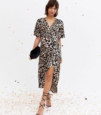 Brown Leopard Print V Neck Midi Wrap Dress