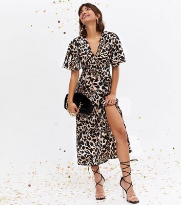 Brown Leopard Print V Neck Midi Wrap Dress New Look