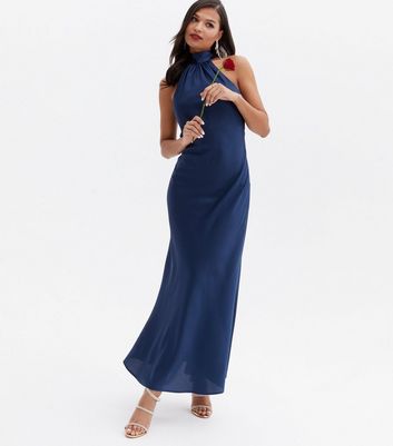 Navy Satin Halter Neck Maxi Dress