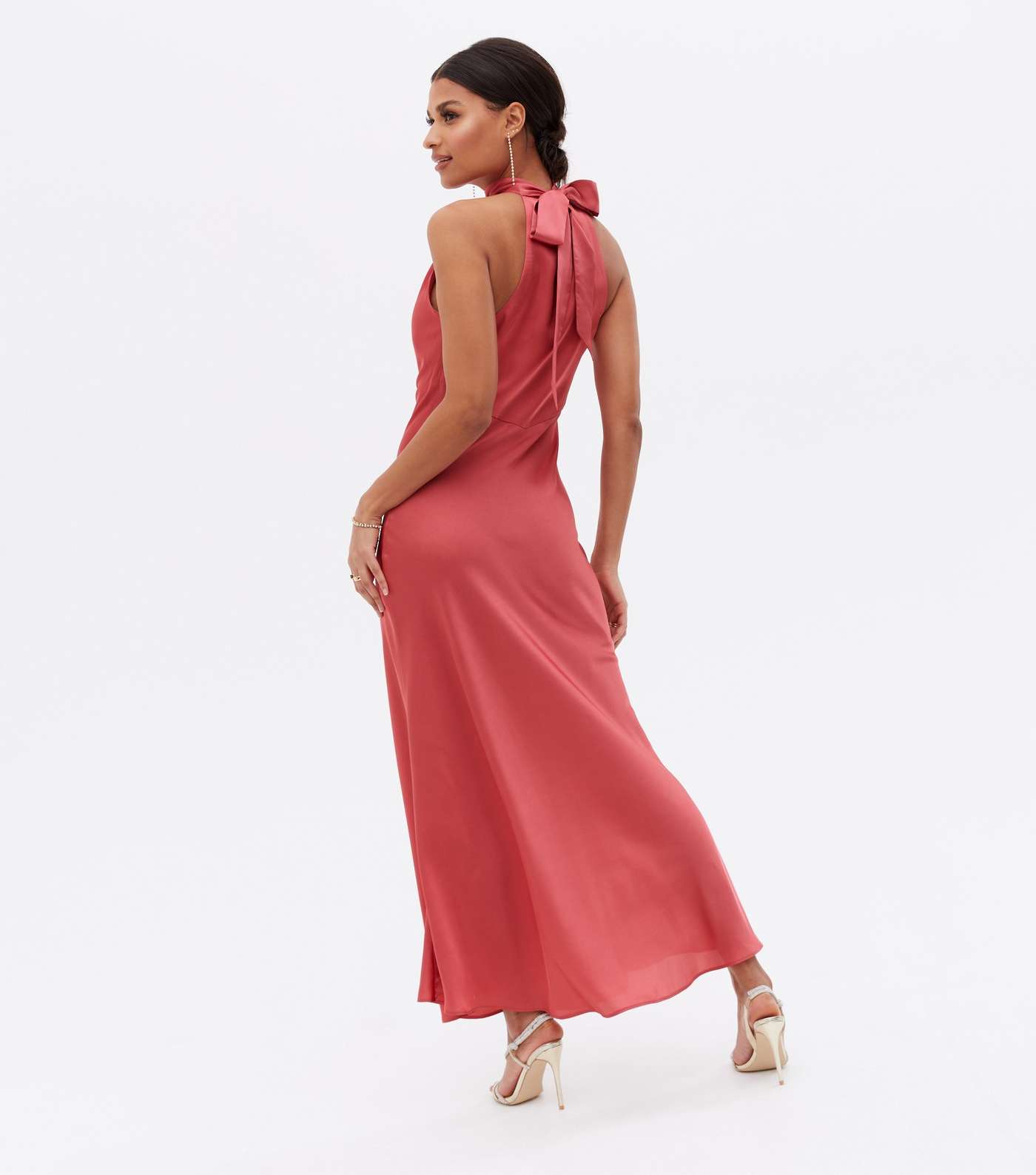 Pink Satin Halter Neck Maxi Dress Image 2