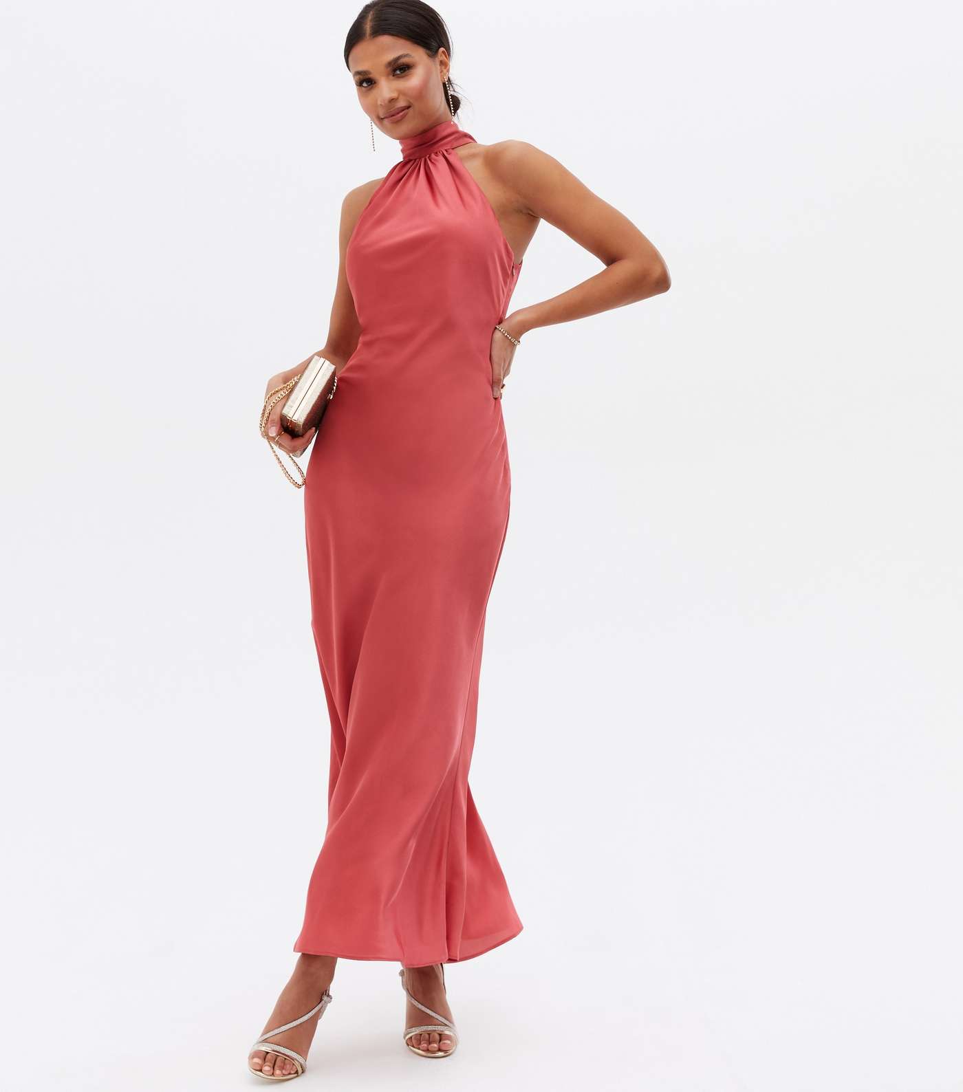 Pink Satin Halter Neck Maxi Dress Image 4