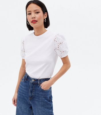 White Broderie Puff Sleeve T-Shirt 