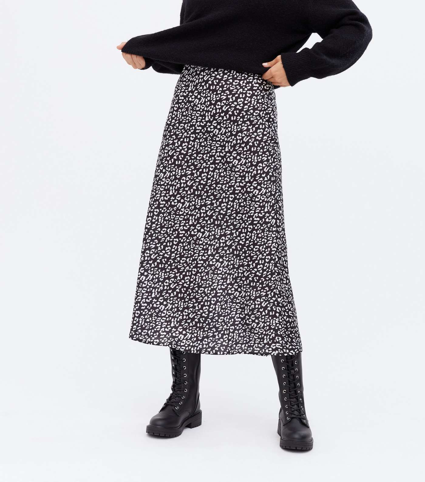 Black Leopard Print Satin Bias Cut Midi Skirt Image 2