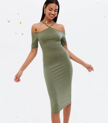 cold shoulder bodycon midi dress