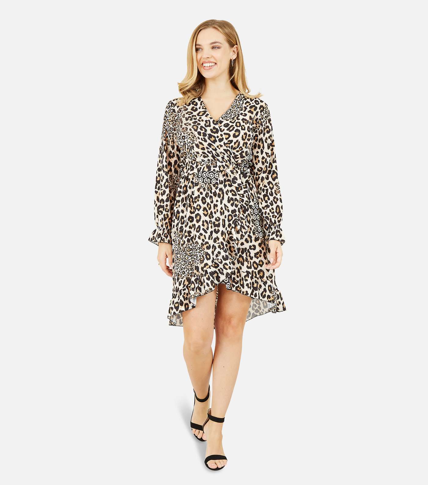 Mela Cream Leopard Print Frill Mini Wrap Dress Image 4