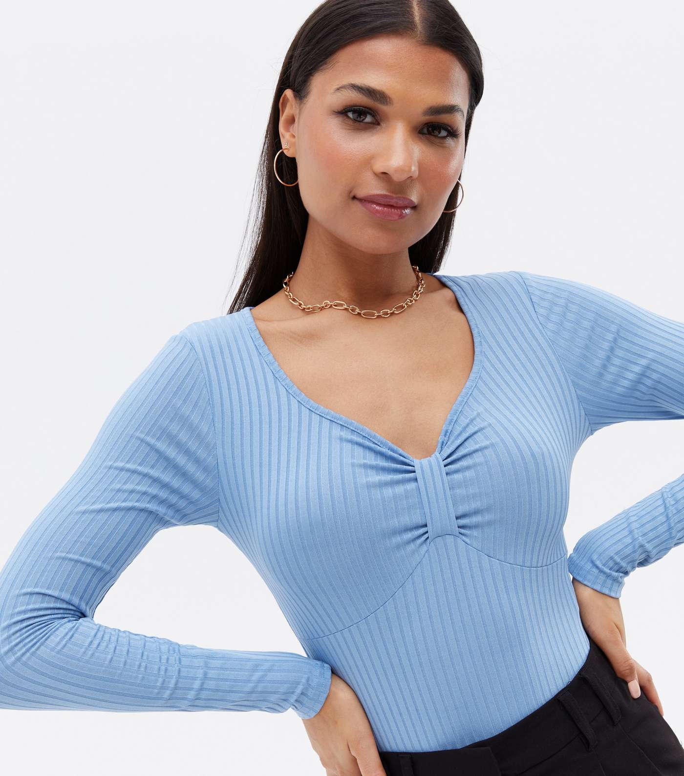 Pale Blue Ribbed Bow Front Bodysuit