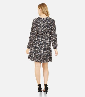 Mela Black Ditsy Floral Long Sleeve Mini Wrap Dress New Look