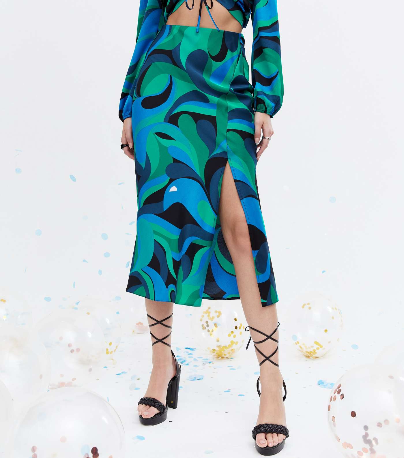 Blue Swirl Bias Cut Midi Skirt Image 2